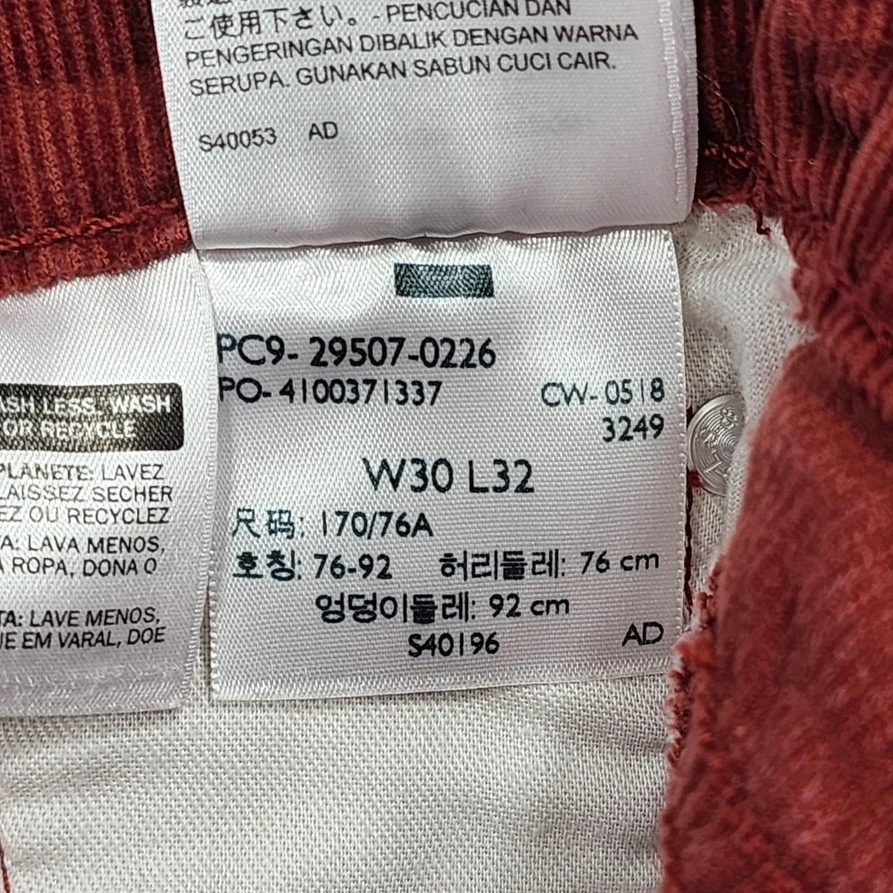 Levi's 502 Jeans Mens 30x28.5 Red Corduroy Regular Fit Tapered Stretch Casual